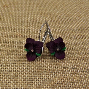 Violet Flower Earrings, Dark Purple Violet Earrings, Pansy Earrings, Violet Earrings, Purple Violet Flowers, Silver Violet Pierced Earrings image 5