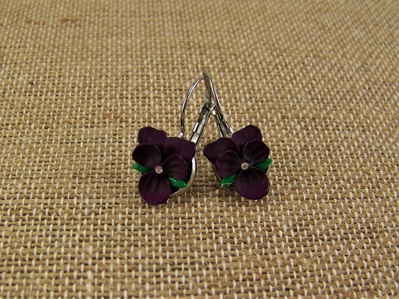 Violet Flower Earrings, Dark Purple Violet Earrings, Pansy Earrings, Violet Earrings, Purple Violet Flowers, Silver Violet Pierced Earrings image 5