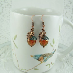 Crystal Acorn Earrings, Copper Verdigris Oak Leaf Acorn Earrings, Verdigris Acorn Cap Earrings, Picasso Crystal Acorns, Fall Earrings