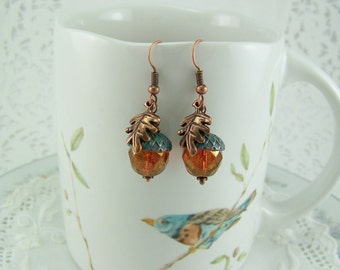 Crystal Acorn Earrings, Verdigris Acorn Earrings, Brown Crystal Earrings, Copper Oak Leaf, Copper Acorn, Acorn Earrings, Verdigris Acorn Cap