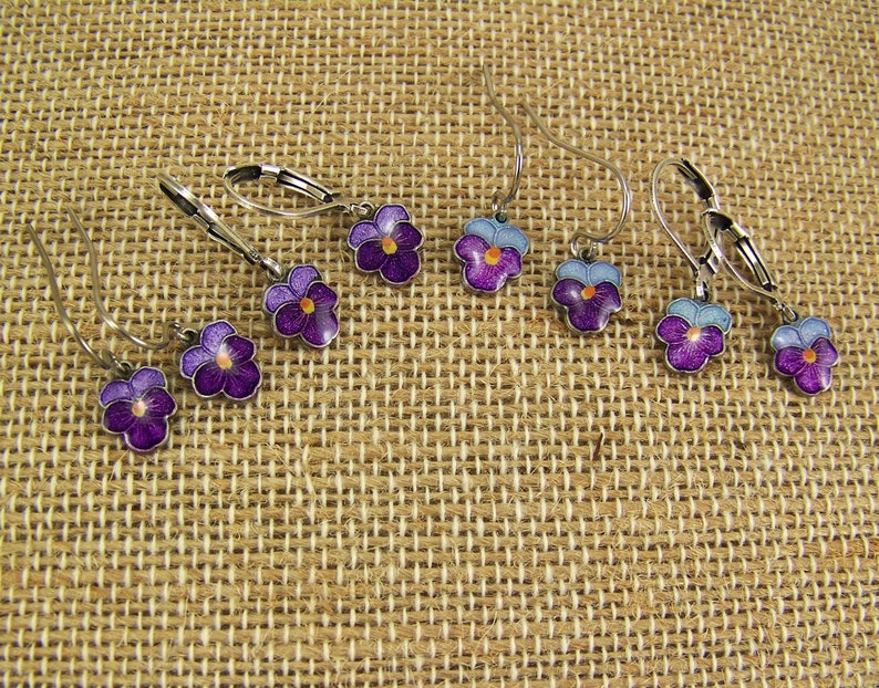 Pansy Earrings, Purple Pansies, Cloisonne Pansy Earrings, Pansy Petal Earrings, Pansy Flower Earrings, Hand Enameled Earrings image 3