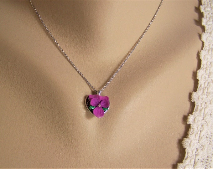 Pink Violet Necklace, Violet Necklace, Heart Necklace, Filigree Heart