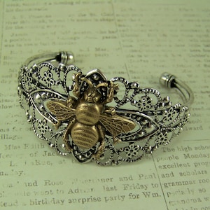 Honeybee Bracelet, Flower Cuff, Bee Bracelet, Gold Honeybee, Apiary Bracelet, Silver Filigree Cuff, Bronze Honeybee, Silver Cuff Bracelet