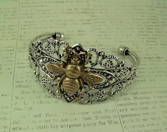 Honeybee Bracelet, Flower Cuff, Bee Bracelet, Gold Honeybee, Apiary Bracelet, Silver Filigree Cuff, Bronze Honeybee, Silver Cuff Bracelet