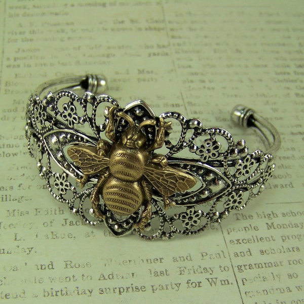 Honeybee Bracelet, Flower Cuff, Bee Bracelet, Gold Honeybee, Apiary Bracelet, Silver Filigree Cuff, Bronze Honeybee, Silver Cuff Bracelet