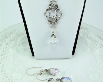 AB Crystal Jewelry Set, AB Crystal Teardrop Necklace, Teardrop Earrings, Filigree Crystal Necklace, Wedding Necklace, AB Crystal Earrings