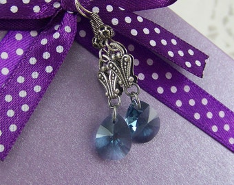 Blue Crystal Earrings, Denim Blue Crystal Earrings, Denim Blue Crystals, Silver Earrings, Denim Pear Crystal, Silver Blue Teardrop Earrings