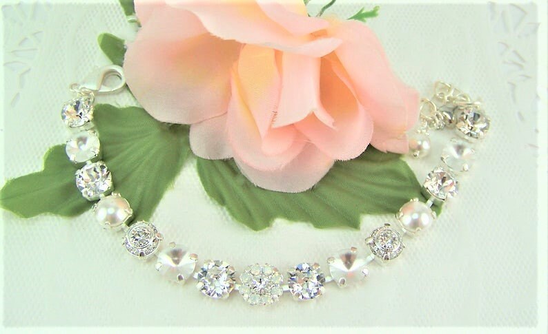 White Crystal Bracelet, White Pearl Bracelet, Crystal Opal, Austrian Crystal Bracelet, White Opal Flower Bridal Jewelry, 8mm Tennis Bracelet zdjęcie 5