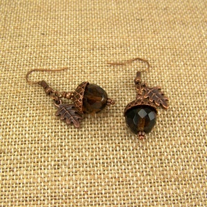 Crystal Acorn Earrings, Copper Acorn Earrings, Brown Crystal Earrings, Copper Oak Leaf, Copper Acorn, Acorn Earrings, Copper Acorn Cap