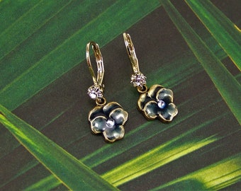 Pansy Earrings, Blue Pansies, Flower Earrings, Enameled Flower Earrings, Crystal Pansy, Pansy Drops, Cloisonne Blue Pansy. Pansies, Violets