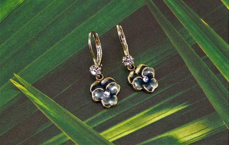 Pansy Earrings Blue Pansies Flower Earrings Enameled Flower Etsy