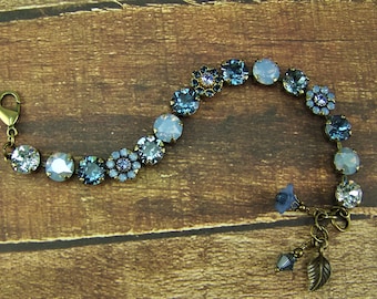 Blue Crystal Bracelet, 8mm Tennis Bracelet, Austrian Crystal Bracelet, Flower Bracelet, Denim Crystals, Blue Opal Bracelet, Something Blue