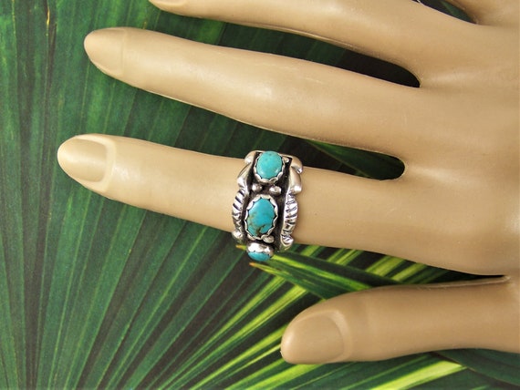 Vintage Turquoise Ring, 925 Sterling Three Stone … - image 1