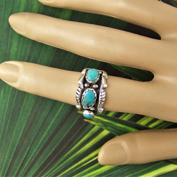 Vintage Turquoise Ring, 925 Sterling Three Stone Turquoise Ring, Western Turquoise Ring, Natural Turquoise Ring, Hallmark 3 Stone Turquoise