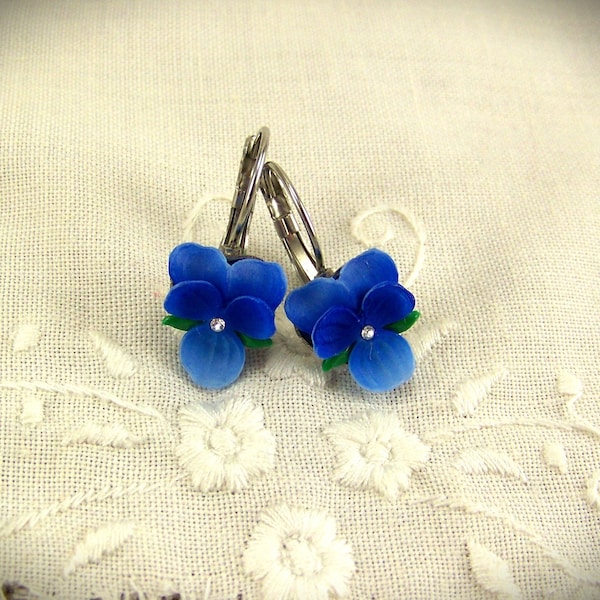 Blue Violet Flower Earrings, Violet Earrings, Deep Blue Violets, Silver Violet Earrings, Blue Pansy Earrings, Blue Violet, Flower Earrings,