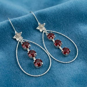 Ruby Crystal Earrings, Three stone ruby earrings, large teardrop hoop earrings, Flower hoop earrings, Silver hoop earrings, Teardrop hoops