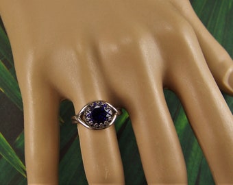Sapphire Blue Ring, Sapphire Cubic Zirconia Ring, 925 Silver Crown Set Sapphire Ring, September Birthstone, AAAAA diamond cut CZ sapphire