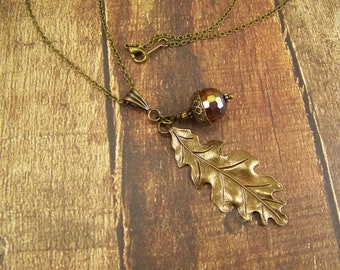 Oak Leaf Necklace, Acorn Necklace, Crystal Acorn and Oak Necklace, Bronze Leaf Necklace, Bronze Acorn Necklace, Good Luck Necklace, Oak Leaf