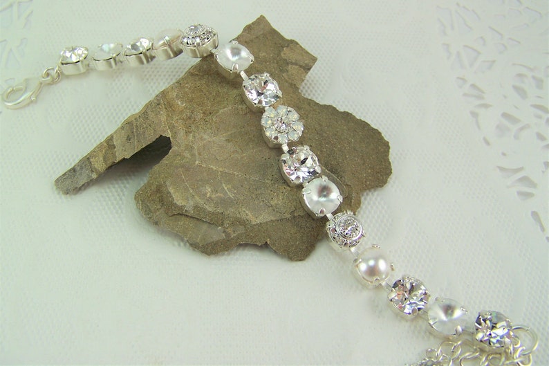 White Crystal Bracelet, White Pearl Bracelet, Crystal Opal, Austrian Crystal Bracelet, White Opal Flower Bridal Jewelry, 8mm Tennis Bracelet image 7