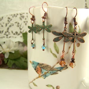 Verdigris Dragonfly Earrings, AB Crystal Dangle Earrings, Dragonfly earrings, Crystal Dragonflies, Damselflies, Copper Verdigris Earrings bild 12