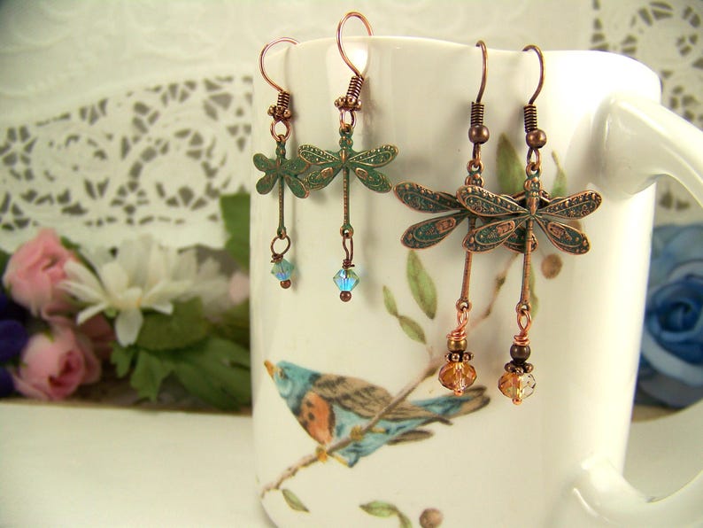 Verdigris Dragonfly Earrings, AB Crystal Dangle Earrings, Dragonfly earrings, Crystal Dragonflies, Damselflies, Copper Verdigris Earrings bild 12