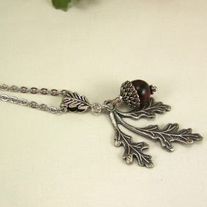 Silver Acorn Necklace: Jasper Stone & Oak Leaf Charm
