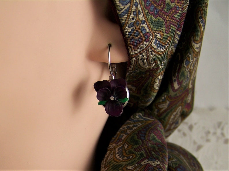 Violet Flower Earrings, Dark Purple Violet Earrings, Pansy Earrings, Violet Earrings, Purple Violet Flowers, Silver Violet Pierced Earrings image 3