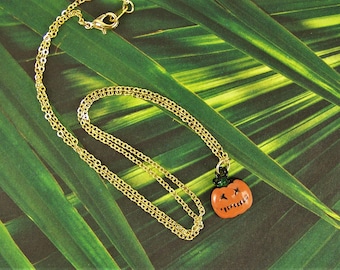 Halloween Necklace, Gold Pumpkin Necklace, Enameled Jack-o-Lantern Necklace, Orange Pumpkin Necklace, Pumpkin Pendant, Pumpkin Necklace