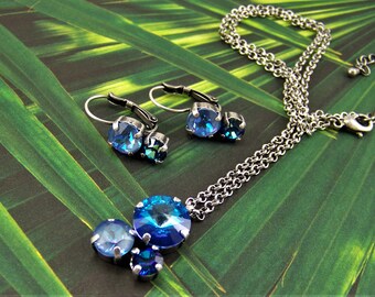 Deep Ocean Blue Necklace and Earrings, Royal Blue Delite Crystal Necklace Set, Bermuda Blue Earrings, Ocean Delite Necklace Earrings Set