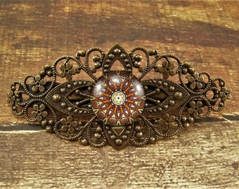 Bronze Filigree Barrette, Glass Medallion Hair Barrette, Filigree Hair Clasp, Bronze Barrette, Lightweight Filigree Barrette, French Clip