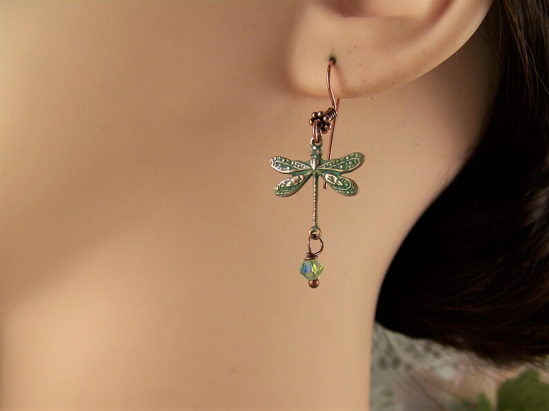 Verdigris Dragonfly Earrings, AB Crystal Dangle Earrings, Dragonfly earrings, Crystal Dragonflies, Damselflies, Copper Verdigris Earrings bild 10