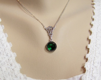 Emerald Necklace, Emerald Chessboard Crystal Necklace, Round Emerald, May Birthstone Necklace, Bezel Set Emerald, Filigree Emerald Necklace