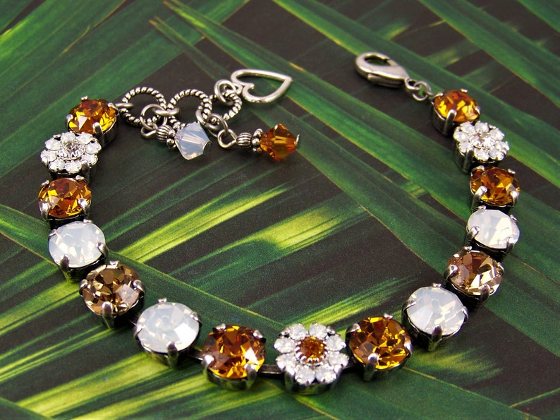 Gold Topaz Bracelet, Daisy Bracelet, Crystal Tennis Bracelet, White Opal Crystal Flowers, Austrian Crystal Bracelet, November Birthstone image 1