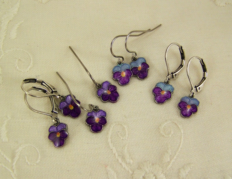 Pansy Earrings, Purple Pansies, Cloisonne Pansy Earrings, Pansy Petal Earrings, Pansy Flower Earrings, Hand Enameled Earrings image 4