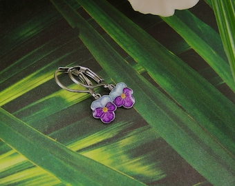 Pansy Earrings, Purple and Blue Pansies, Cloisonne Pansy Earrings, Pansy Petal Earrings, Flower Earrings, Hand Enameled Earrings, Pansies