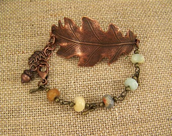 Oak Leaf Bracelet, Copper Oak Leaf, Beaded Leaf Bracelet, Acorn Bracelet, Leaf Cuff Bracelet, Jasper Cuff Bracelet, Copper Leaf Bracelet