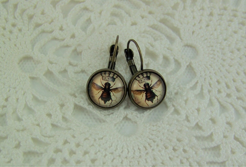 Bronze Bee Earrings Honeybee Bee Collector Earrings Bee Hive Earrings Glass Cabochon Earrings Honeybee Earrings Queen Bee Earrings