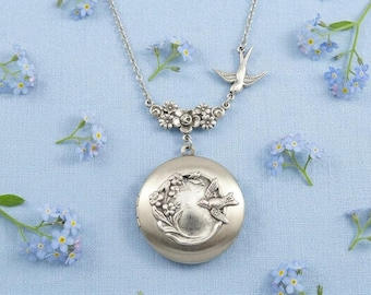 Bird Locket, Silver Swallows, Flower Locket, Keepsake Locket, Silver Bird Locket, Swallow Locket, Picture Locket, Flower Bouquet Locket