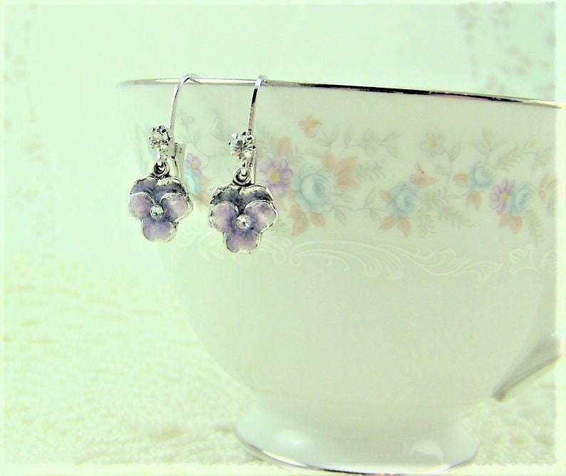 Pansy Earrings, Purple Pansies, Flower Earrings, Enameled Flower Earrings, Lavender Pansy Earrings, Pansy Drops, Cloisonne Pansy image 9