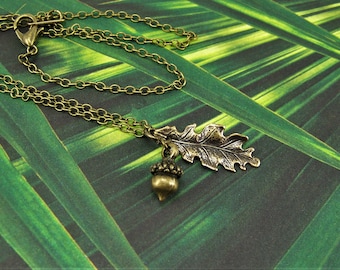 Acorn Necklace, Bronze Acorn Necklace, Acorn and Oak Leaf Necklace, Leaf Necklace, Nut Necklace, Good Luck Necklace, Bronze Leaf Necklace