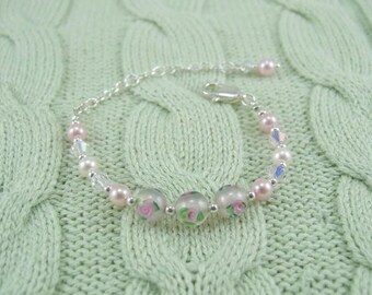 Baby Girl Rose Bracelet, Pink Pearl Bracelet, Baptism Bracelet, Infant Bracelet, Pink Rose Lampwork Bead Bracelet, Baby Bracelet