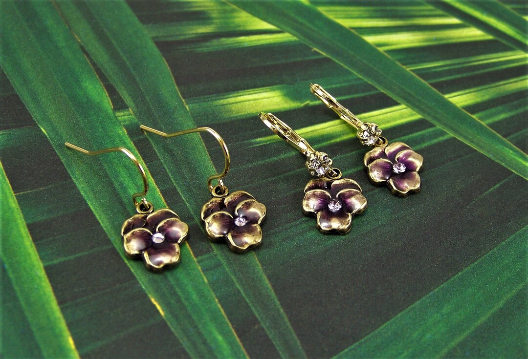 Pansy Earrings, Purple Pansies, Flower Earrings, Enameled Flower