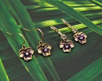 Pansy Earrings, Purple Pansies, Flower Earrings, Enameled Flower Earrings, Pansy Drops, Cloisonne Pansy Earrings, Purple Violet Flower