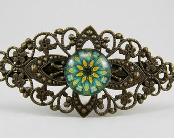 Bronze Filigree Barrette, Medallion Hair Barrette, Filigree Hair Barrette, Kaleidoscope Glass Barrette, Hair Clasp, French Hair Clip