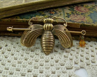 Honeybee Shawl Pin, Scarf Pin, Sweater Pin, Honeybee Pin, Bronze Bee, Bee Stick Pin, Bee Boutonniere, Hair Glide, Topaz Honeybee, Bee Pin