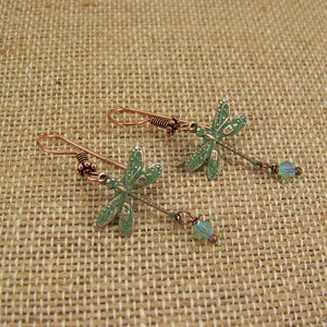 Verdigris Dragonfly Earrings, AB Crystal Dangle Earrings, Dragonfly earrings, Crystal Dragonflies, Damselflies, Copper Verdigris Earrings bild 6
