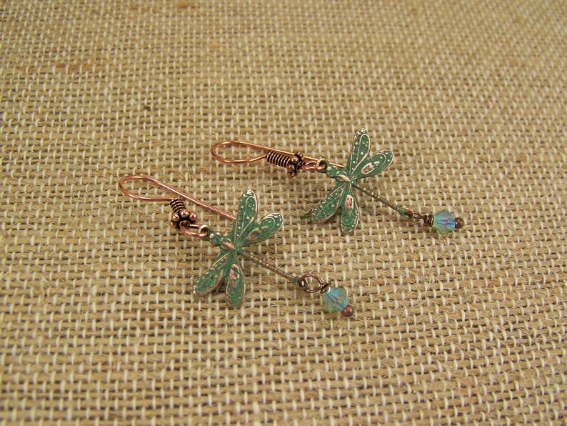 Verdigris Dragonfly Earrings, AB Crystal Dangle Earrings, Dragonfly earrings, Crystal Dragonflies, Damselflies, Copper Verdigris Earrings bild 6
