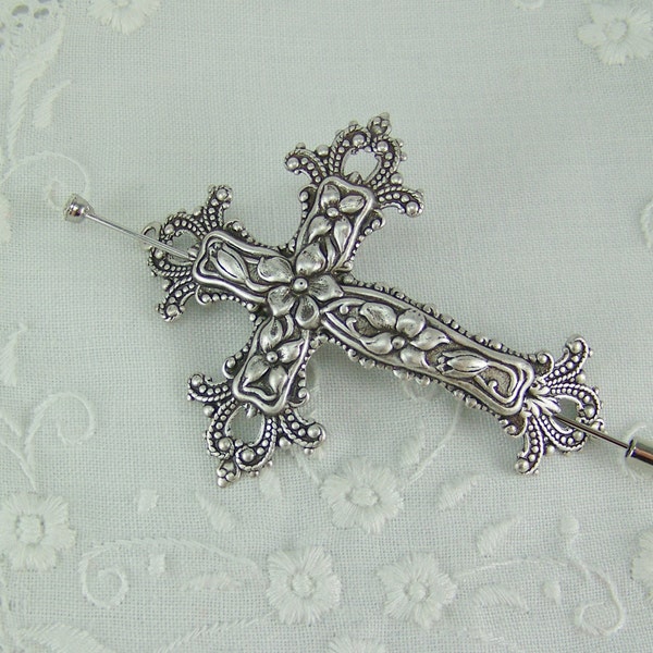 Cross Scarf Pin, Shawl Pin, Flower Cross, Cross Pin, Ornate Cross Pin, Crucifix Pin, Crucifix Scarf Pin, Spring Flower Cross, Religious Pin