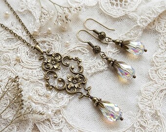 Crystal Necklace Set, AB Crystal Teardrop Necklace, Teardrop Earrings, Bronze Filigree Crystal Necklace, Crystal Briolette, Bridal Necklace