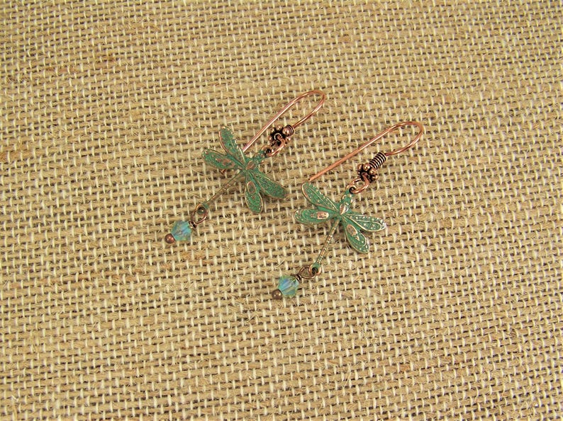 Verdigris Dragonfly Earrings, AB Crystal Dangle Earrings, Dragonfly earrings, Crystal Dragonflies, Damselflies, Copper Verdigris Earrings bild 9